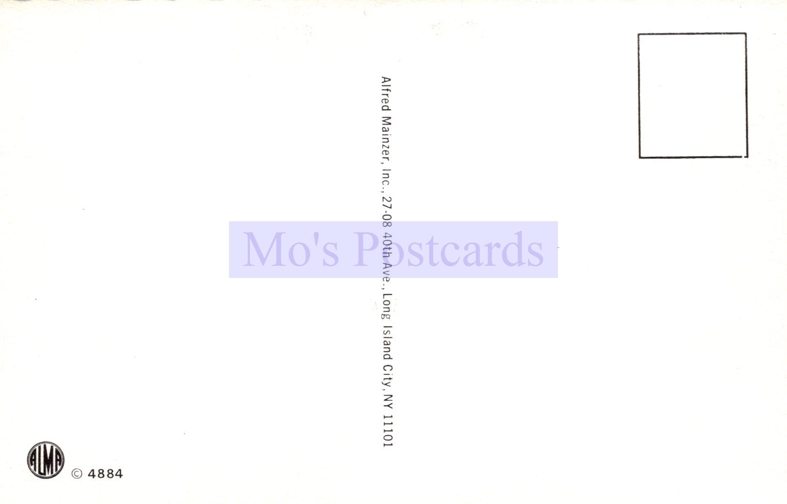 Back of a postcard with 'Mo's Postcards' branding and address information.
