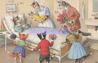 Illustration of cats in a hospital room with a nurse, featuring the text 'Ma's Postcards'.