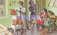 Load image into Gallery viewer, Illustration of a veterinary clinic with cats and dogs in various roles.
