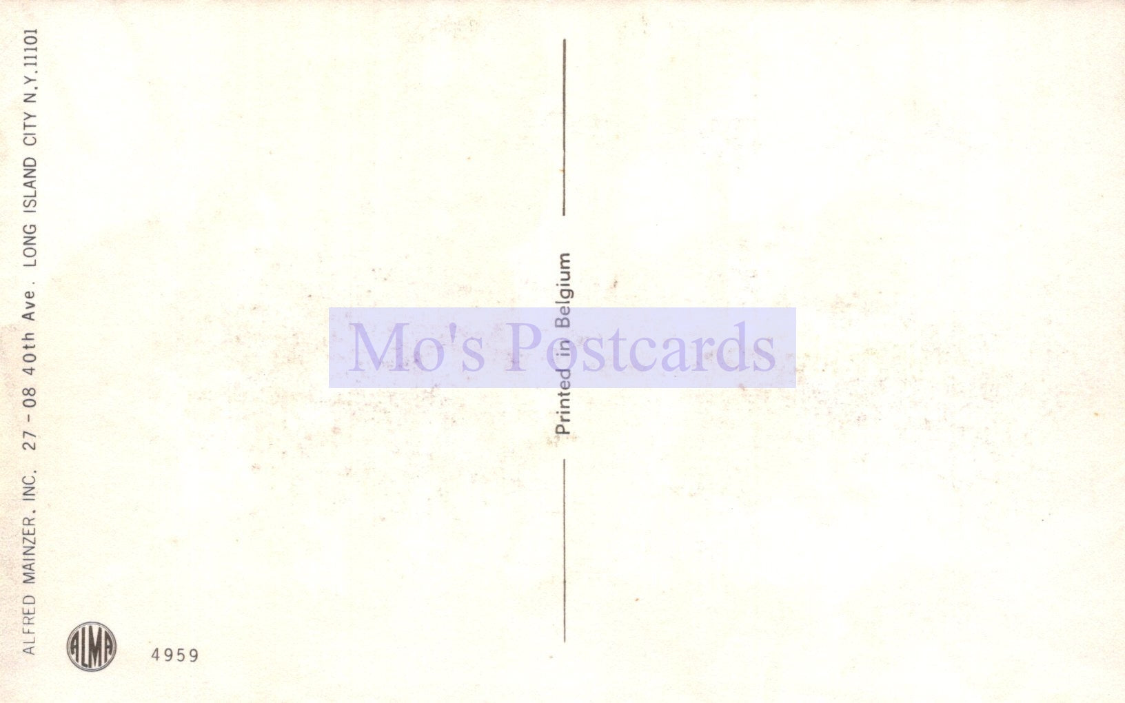 Back of a postcard with 'Mo's Postcards' branding on a light beige background