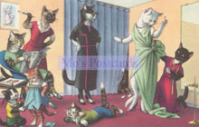 Load image into Gallery viewer, Illustration of cats in various poses and outfits with &#39;Mo&#39;s Postcards&#39; branding.

