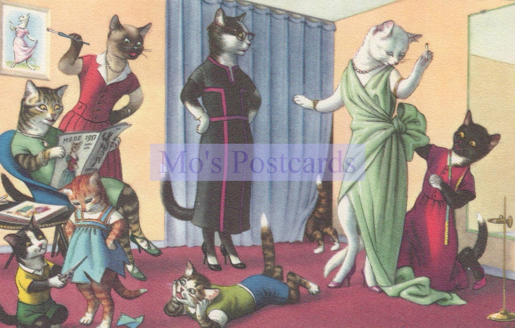 Illustration of cats in various poses and outfits with 'Mo's Postcards' branding.