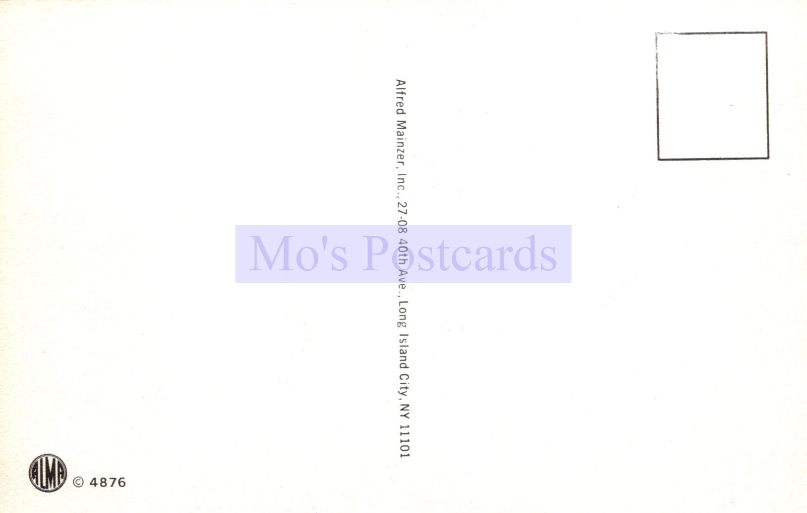 Back of a postcard with 'Mo's Postcards' branding and address information.
