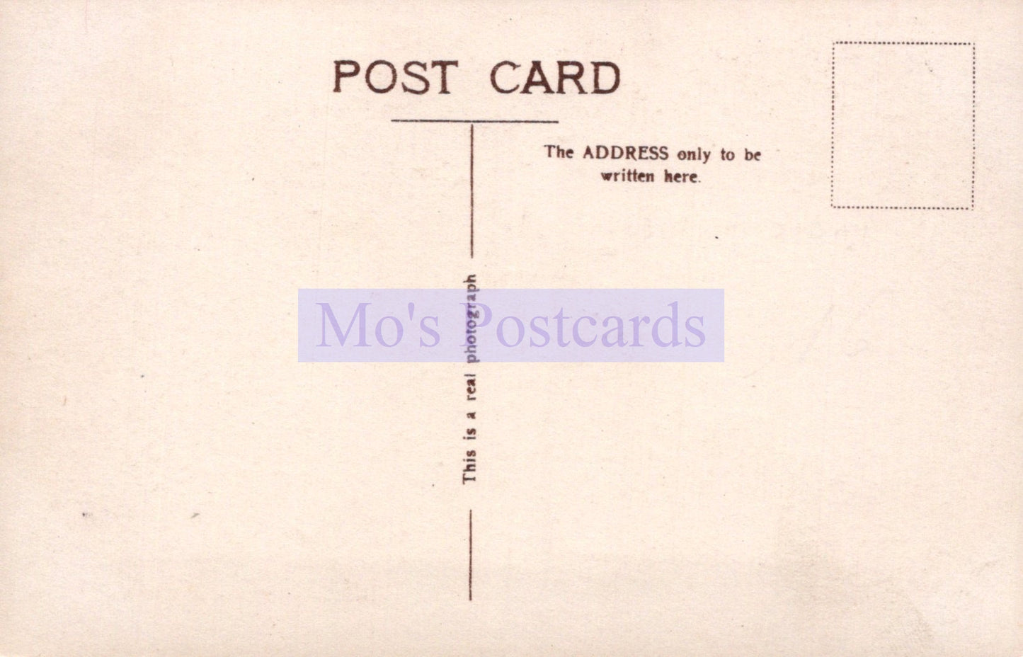 Back of a postcard with 'Mo's Postcards' branding