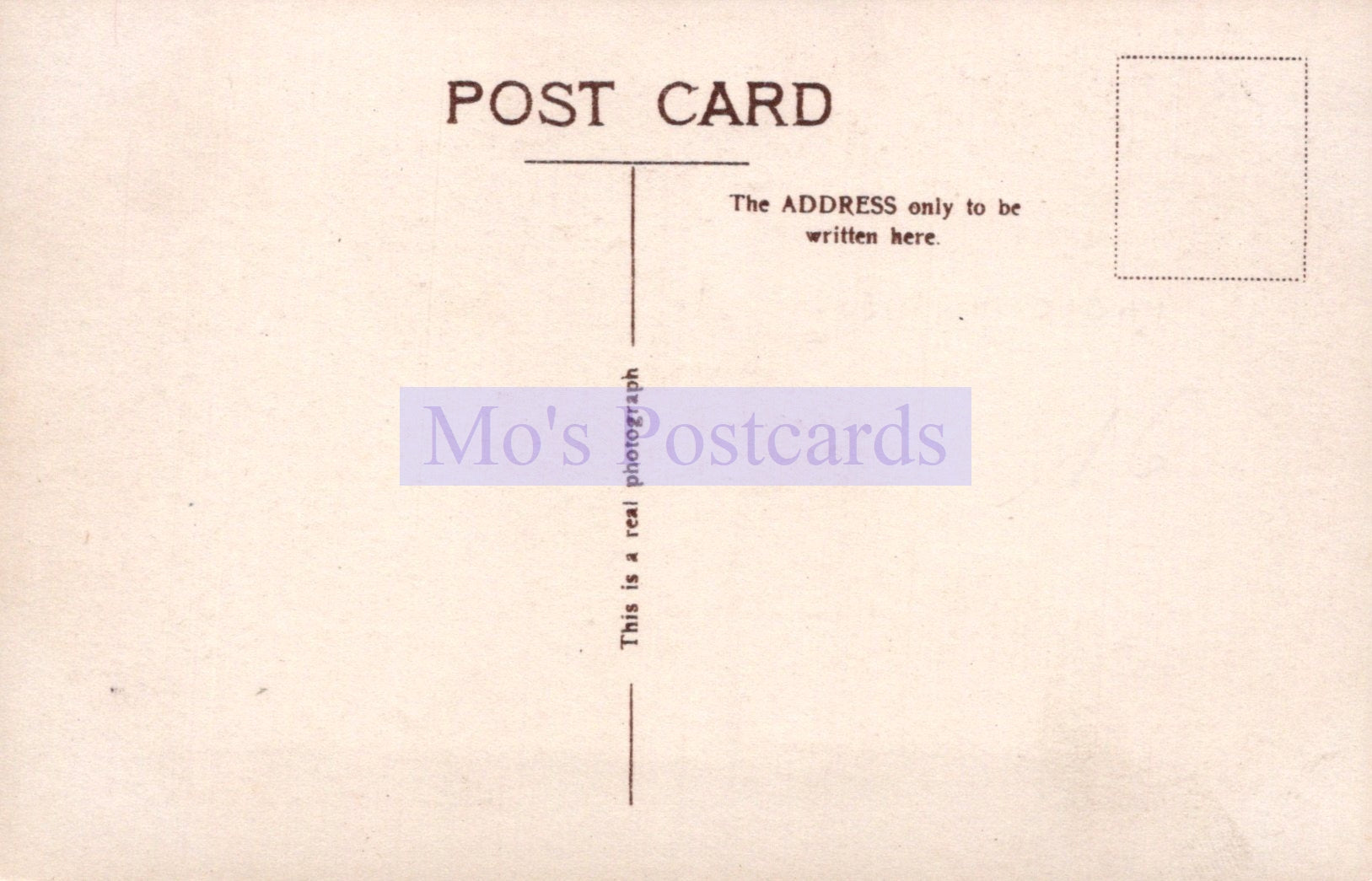 Back of a postcard with 'Mo's Postcards' branding
