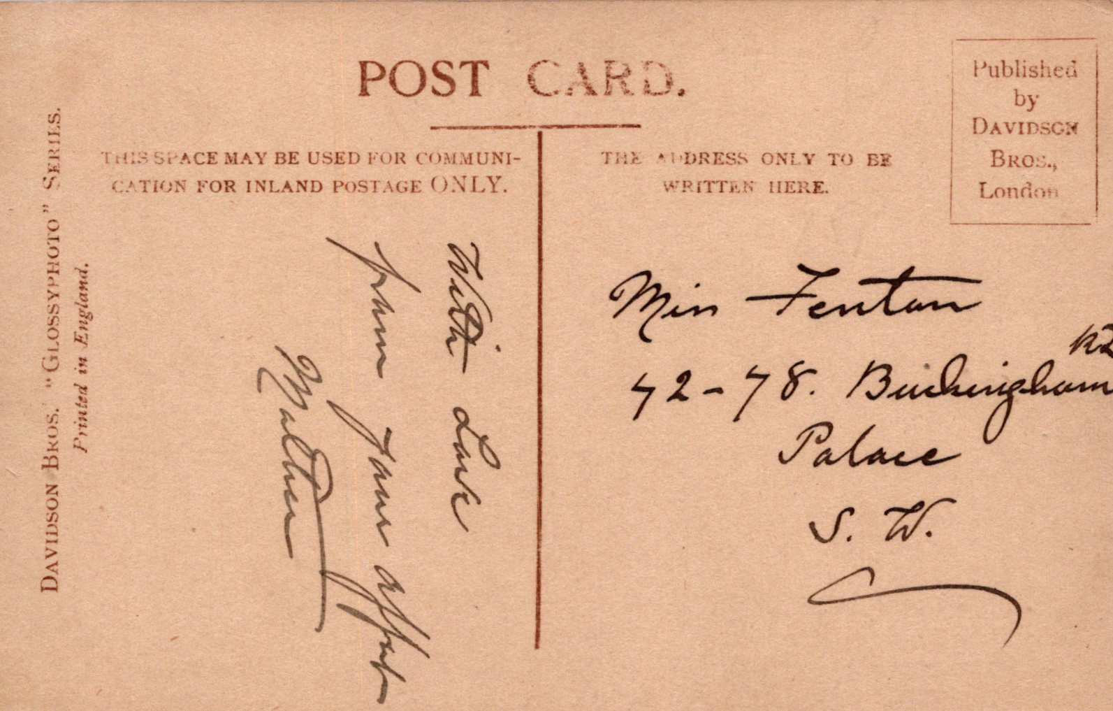Vintage postcard with handwritten text and stationery details