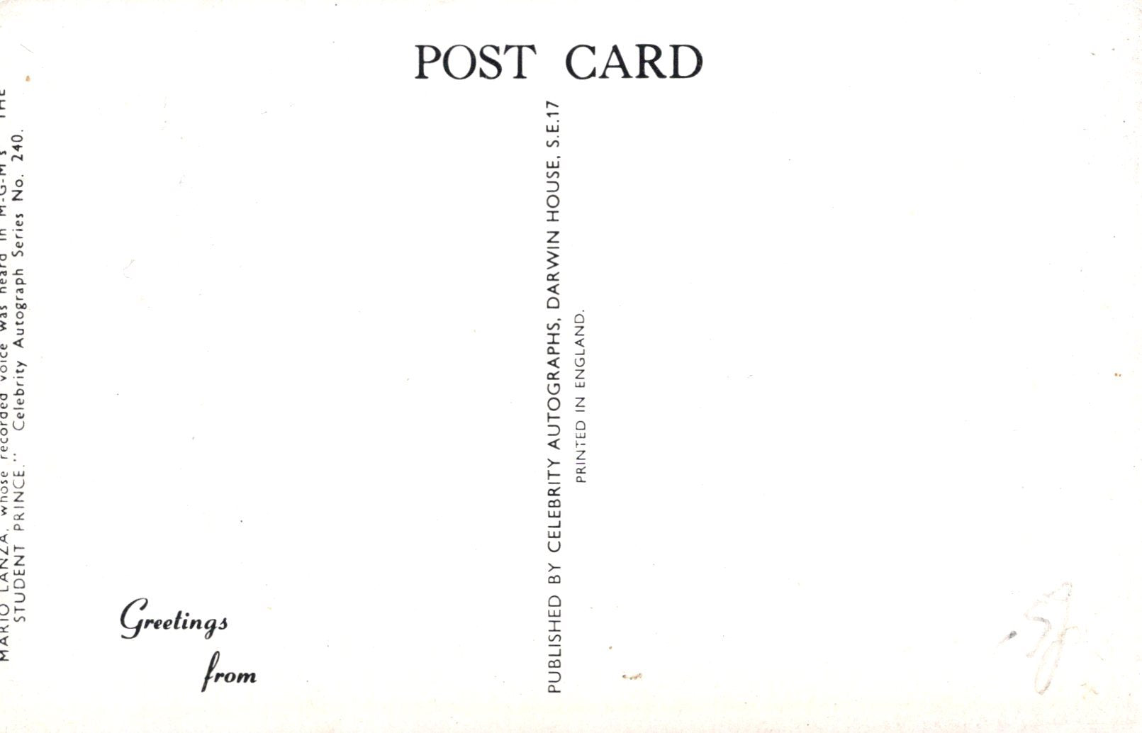 Back of a postcard with text and a light pattern