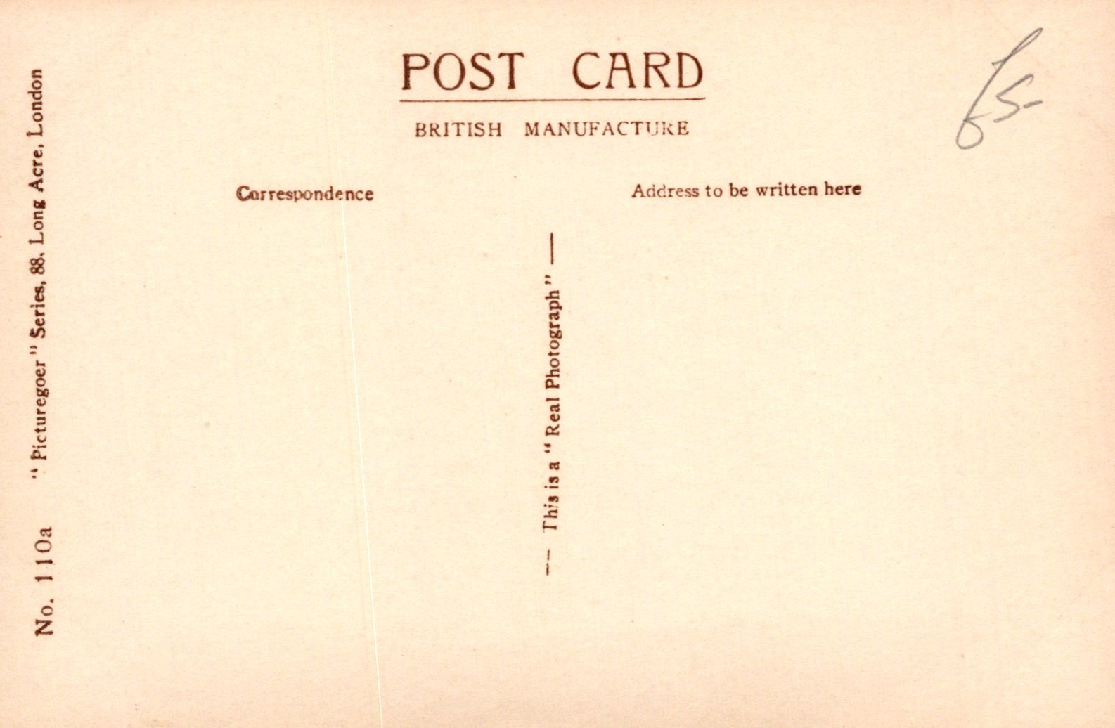 Vintage postcard with text fields for correspondence and address, featuring a British manufacture label.