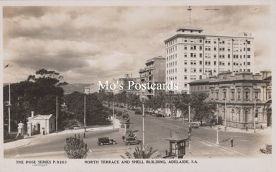 Vintage black and white postcard of North Terrace and Shell Building, Adelaide, South Australia.