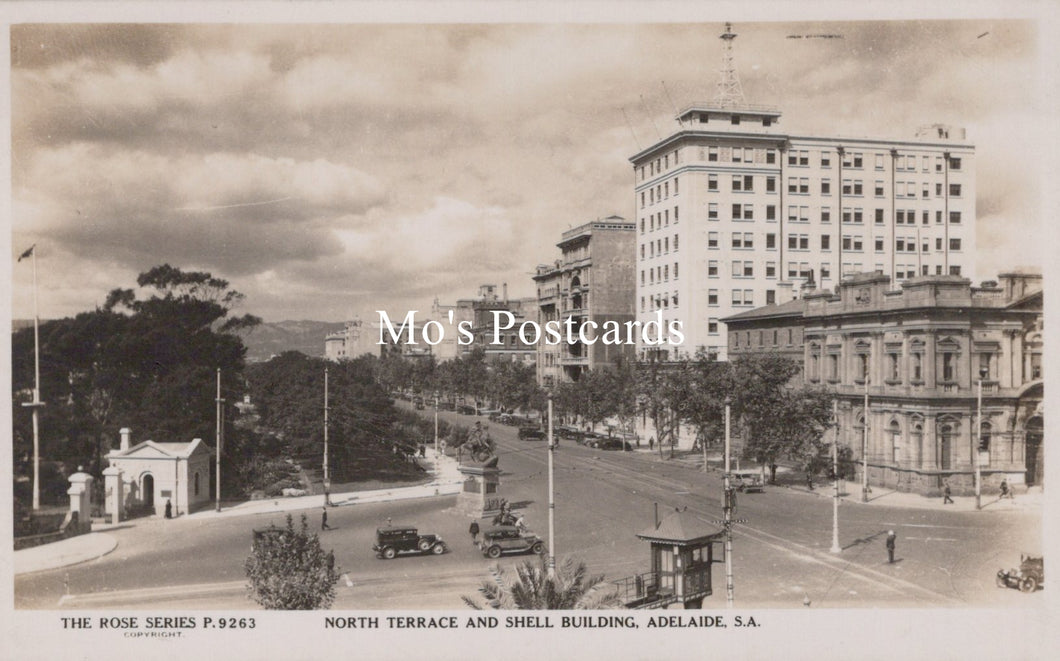 Vintage black and white postcard of North Terrace and Shell Building, Adelaide, South Australia.