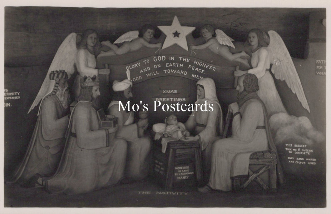 Black and white nativity scene with angelic figures and text 