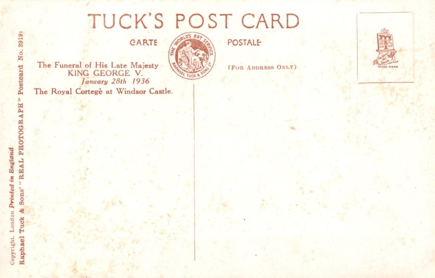 Vintage Tuck's postcard commemorating the funeral of King George V, featuring text and stamps.