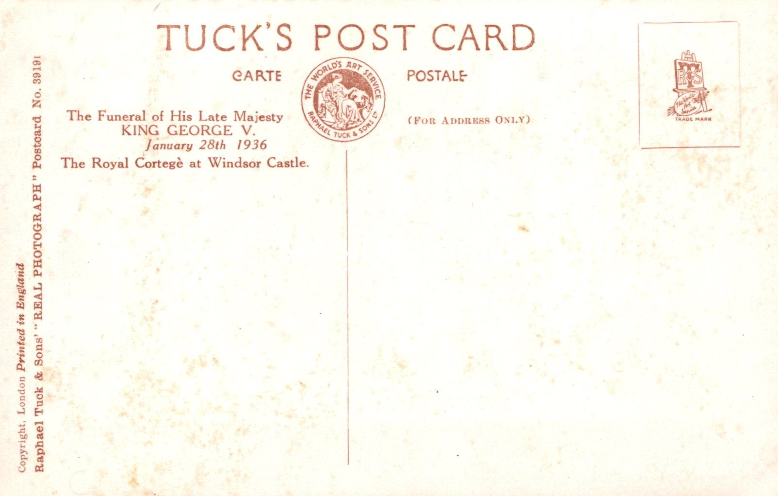 Vintage Tuck's postcard commemorating the funeral of King George V, featuring text and stamps.