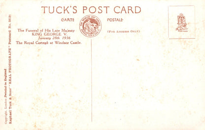 Vintage Tuck's postcard commemorating the funeral of King George V, featuring text and stamps.