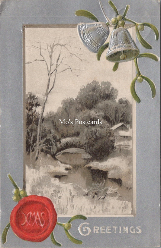 Embossed Greetings Postcard - Xmas Greetings, River Scene   SW17891