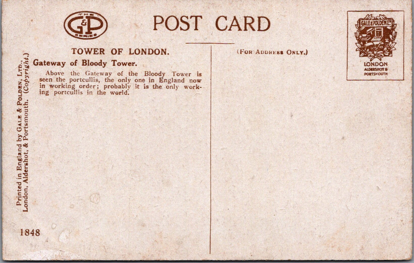 London Postcard - The Tower of London, Gateway of Bloody Tower  SW17033