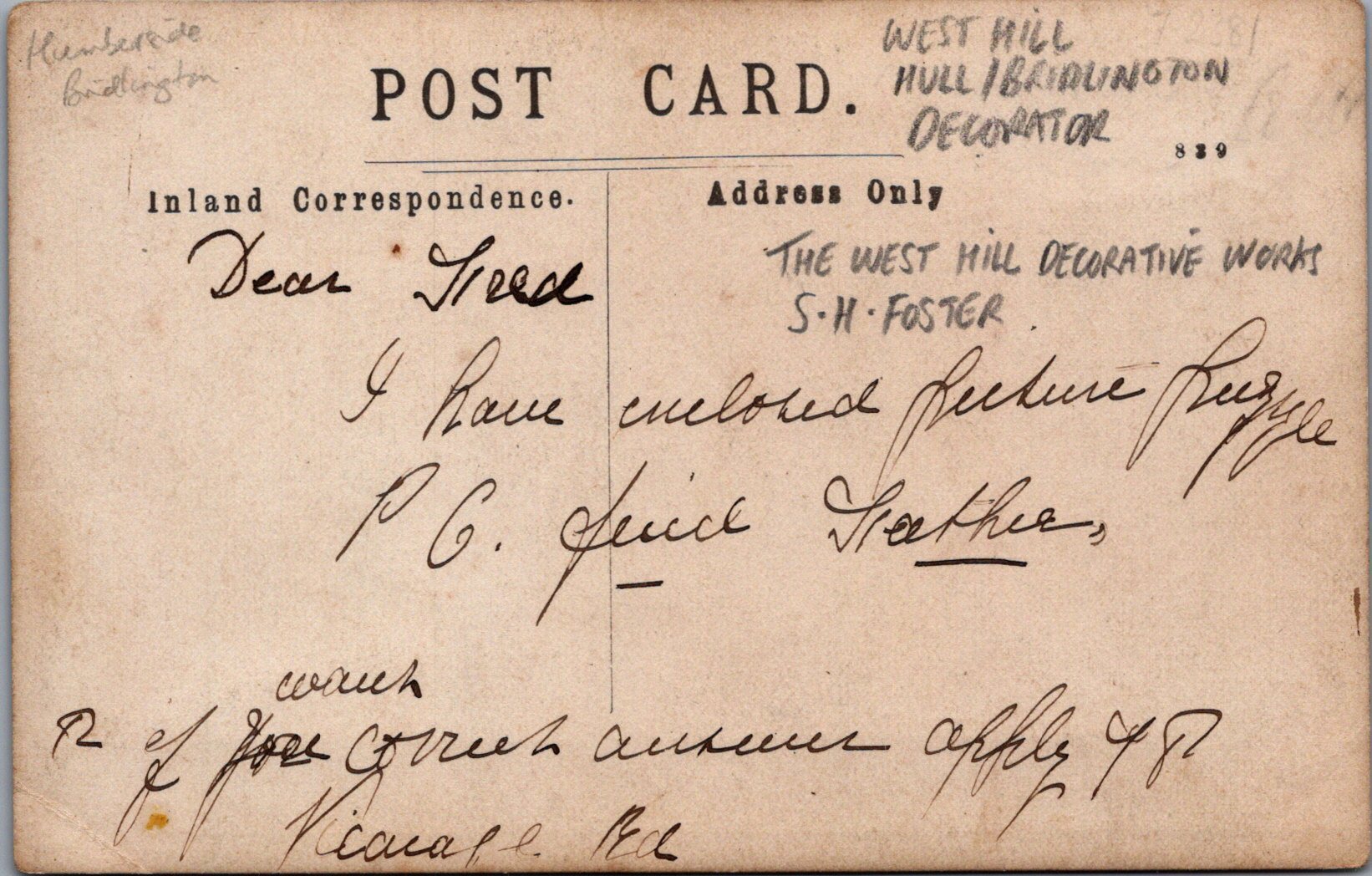 Yorkshire Postcard - The West Hill Decorative Works, S.H.Foster SW17056