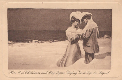 Vintage illustration of a couple on a beach with text about Christmas and saying goodbye.