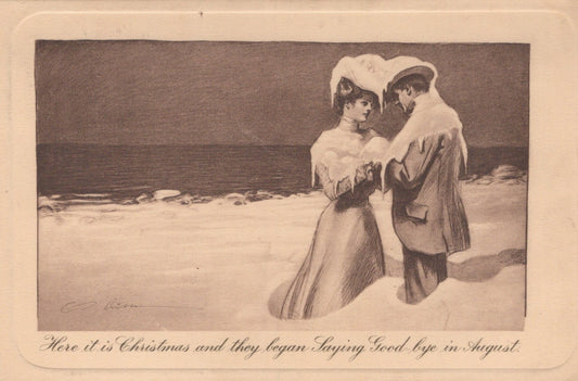 Vintage illustration of a couple on a beach with text about Christmas and saying goodbye.
