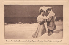 Load image into Gallery viewer, Vintage illustration of a couple on a beach with text about Christmas and saying goodbye.
