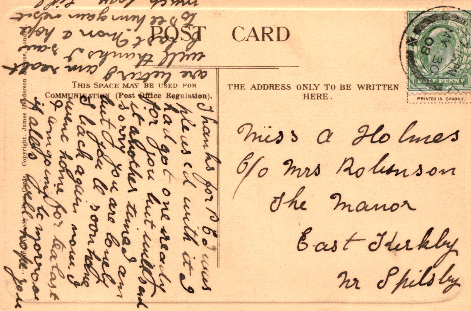 Vintage postcard with handwritten text and a stamp on an orange background