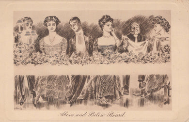 Vintage illustration of women in formal attire with text 'Above and Below Board'.