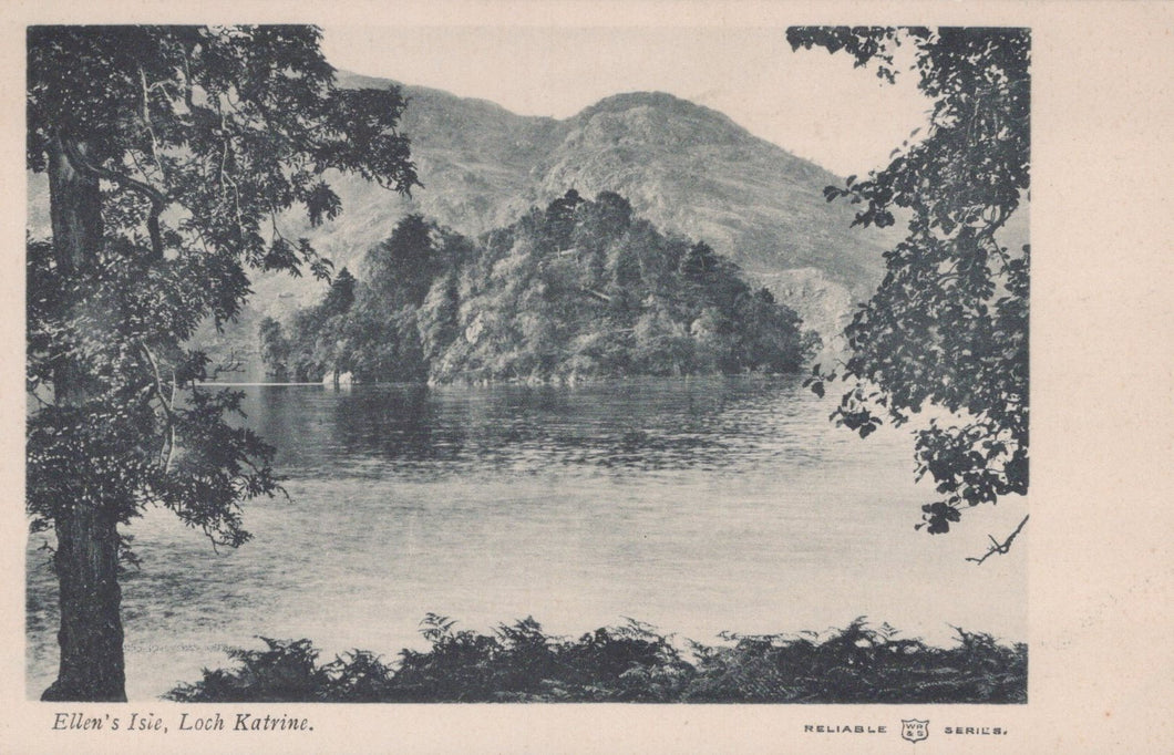 Vintage illustration of a lake with trees and mountains