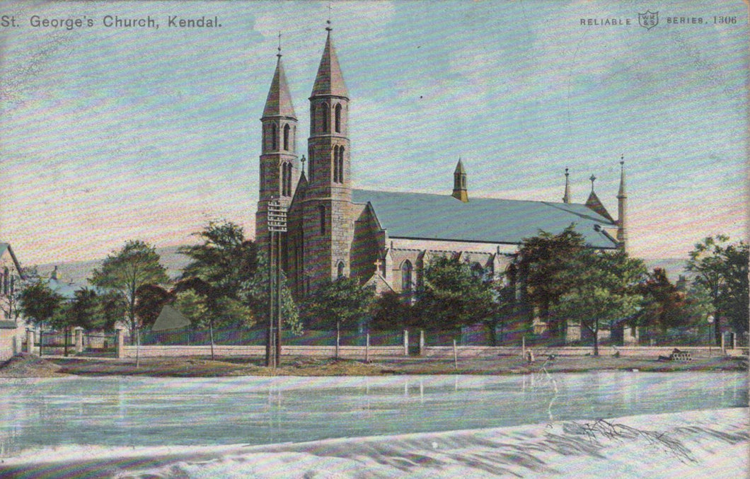 St. George's Church in Kendal, with a scenic background
