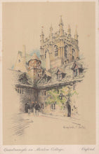 Load image into Gallery viewer, Colorful illustration of a quadrangle with a tall tower, likely from a college, in Oxford.
