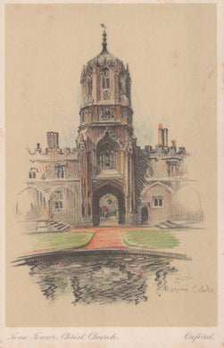 Illustration of Christ Church Tower, Oxford, with a bridge and garden in the foreground.