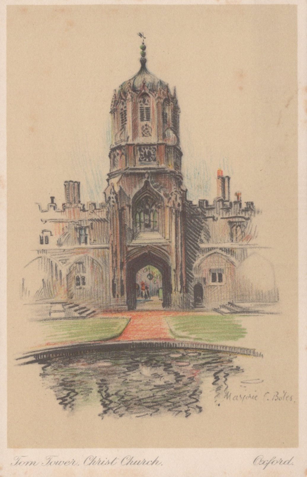 Illustration of Christ Church Tower, Oxford, with a bridge and garden in the foreground.