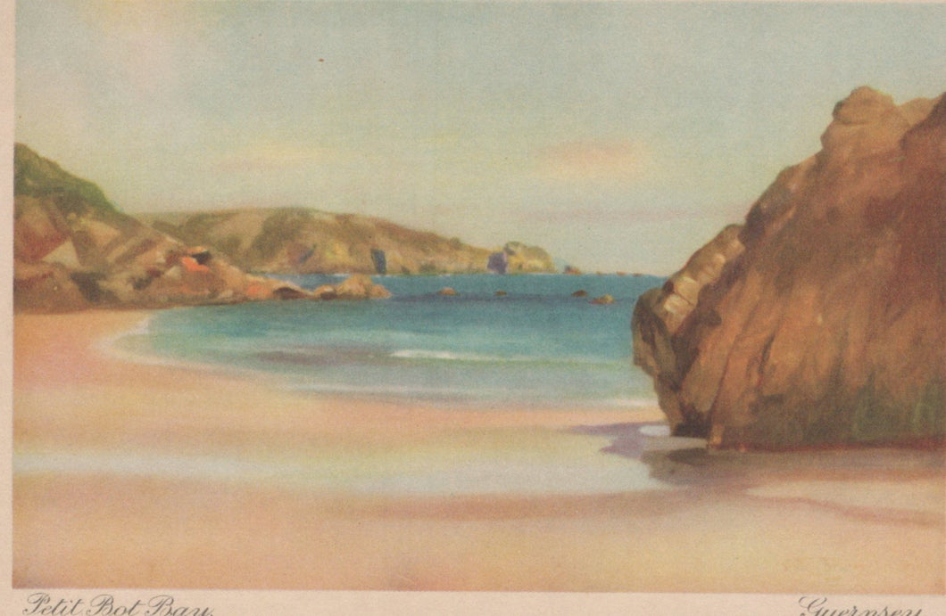 Painting of a coastal scene with a beach, rocks, and water.