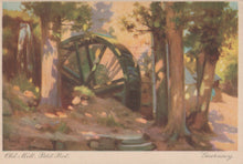 Load image into Gallery viewer, Watercolor painting of a watermill in a forest setting with trees and natural light.
