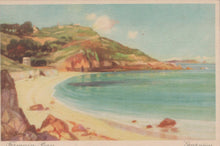 Load image into Gallery viewer, Vintage-style painting of a coastal scene with a beach and hillside.
