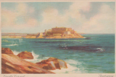 Painting of a coastal scene with a castle on an island, surrounded by water and rocks.