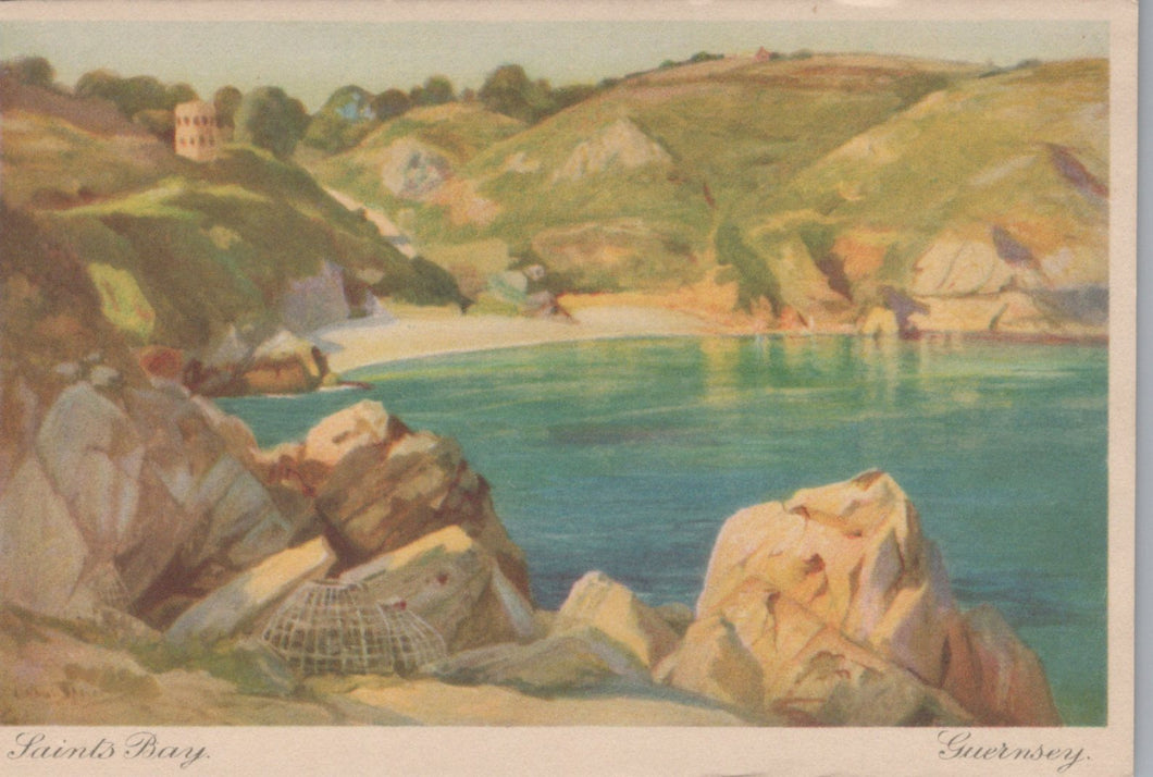 Painting of a coastal scene with green hills, a beach, and clear blue water.
