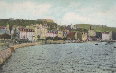 Vintage-style image of a coastal town with buildings and a body of water.