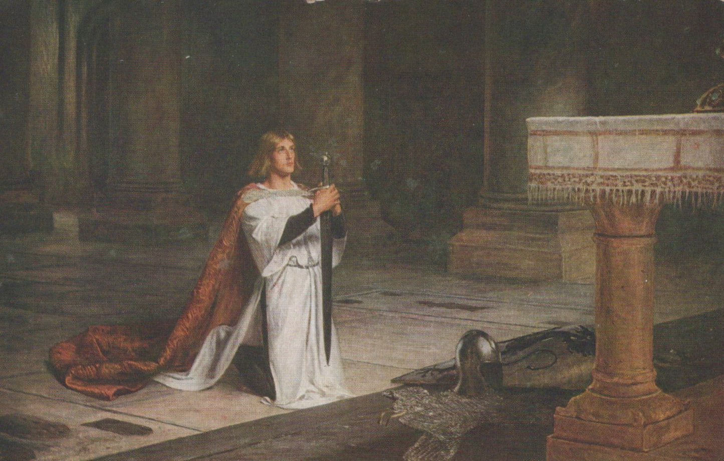 Figure in a white robe with a red cloak holding a sword in a cathedral setting