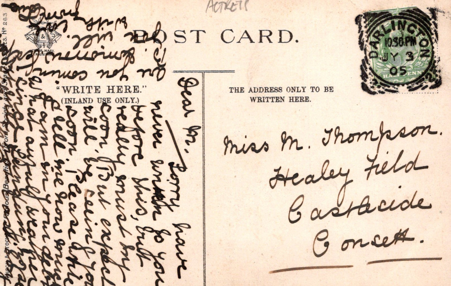 Vintage postcard with handwritten text and a stamp, featuring a green and black design.