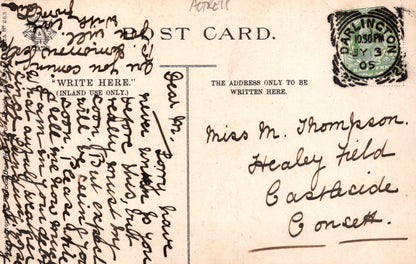 Vintage postcard with handwritten text and a stamp, featuring a green and black design.