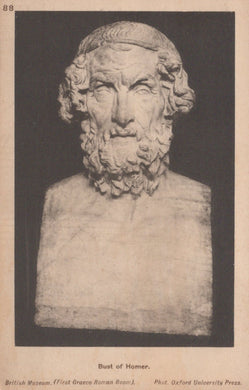 Bust of Homer from the British Museum, displayed on a dark background.