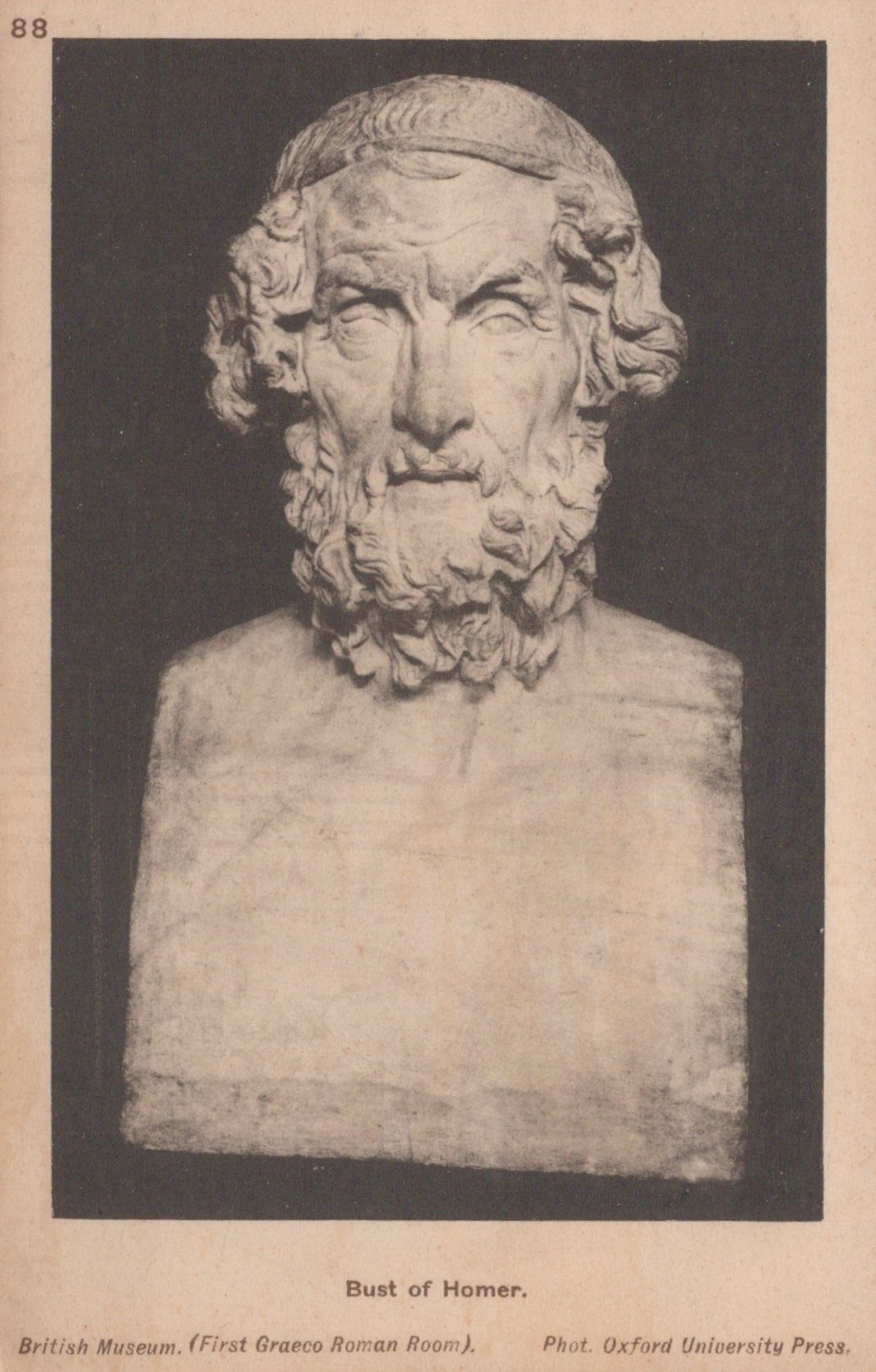 Bust of Homer from the British Museum, displayed on a dark background.