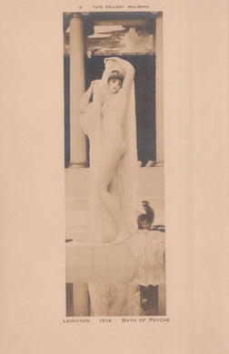 Vintage photograph of a statue labeled 'Bath of Psyche' by Leighton, with a beige border.