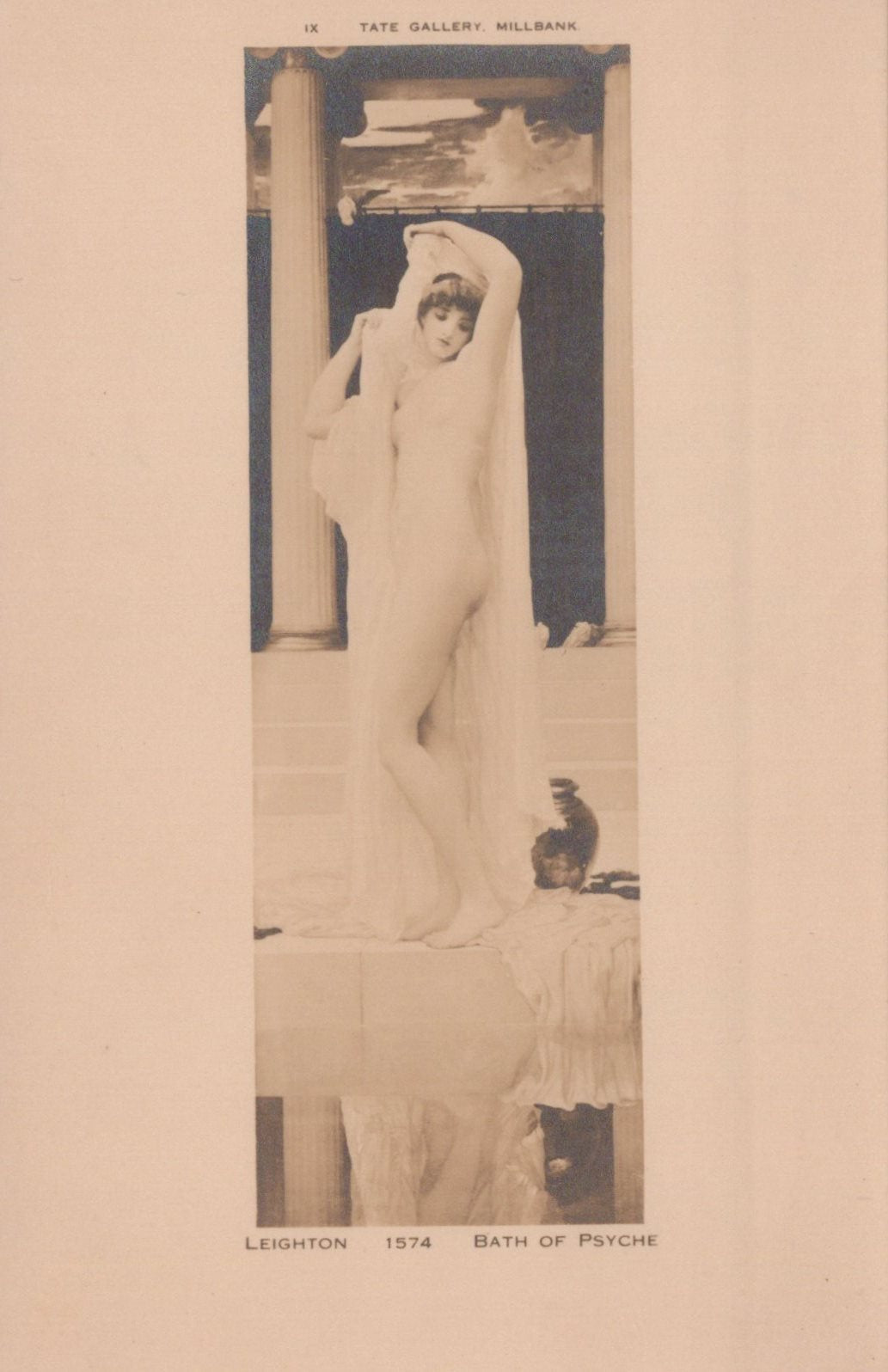 Vintage photograph of a statue labeled 'Bath of Psyche' by Leighton, with a beige border.