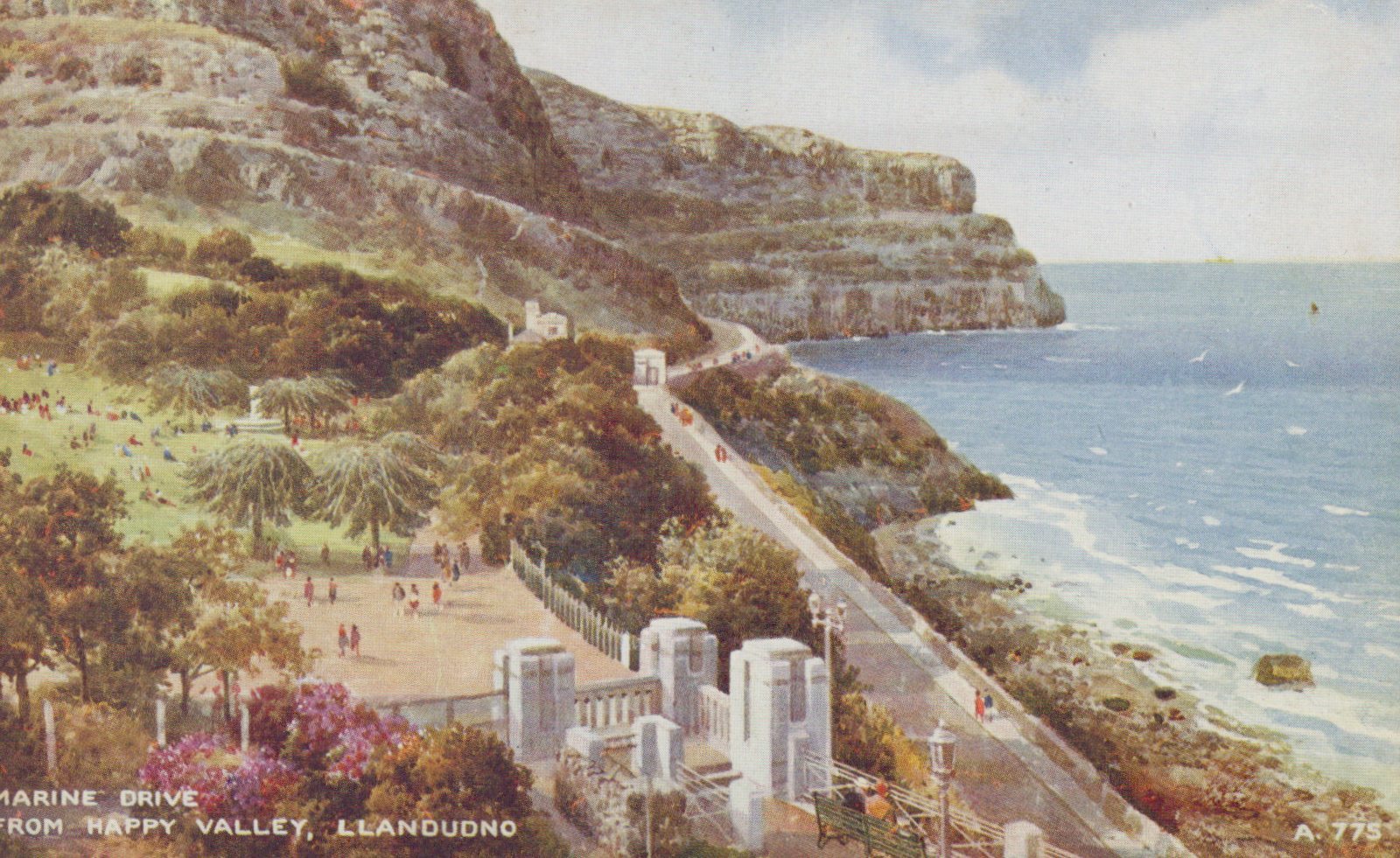 Vintage illustration of a coastal scene with a promenade, buildings, and a beach.