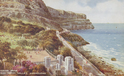 Vintage illustration of a coastal scene with a promenade, buildings, and a beach.