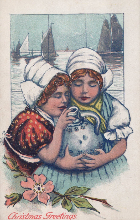Vintage Christmas card with two children holding a snowman and boats in the background