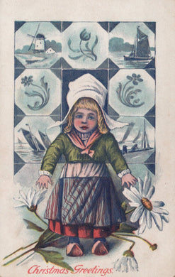 Vintage-style illustration of a child in traditional Dutch clothing with decorative tiles and flowers.