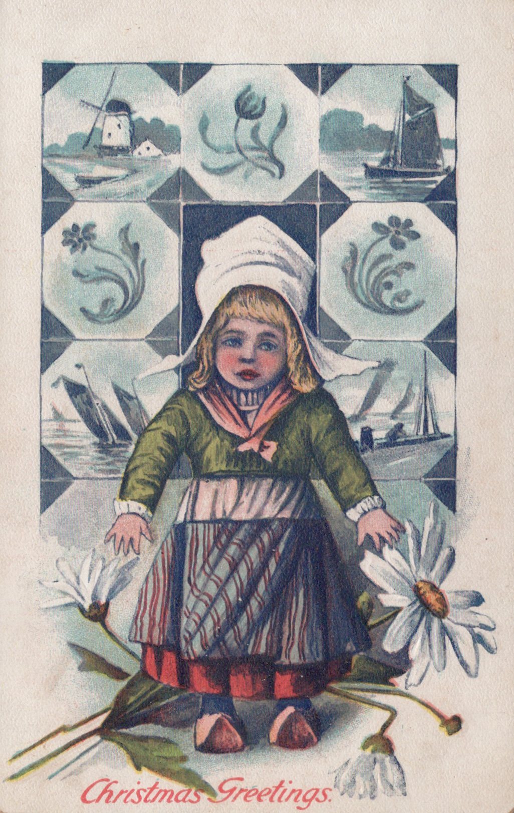 Vintage-style illustration of a child in traditional Dutch clothing with decorative tiles and flowers.