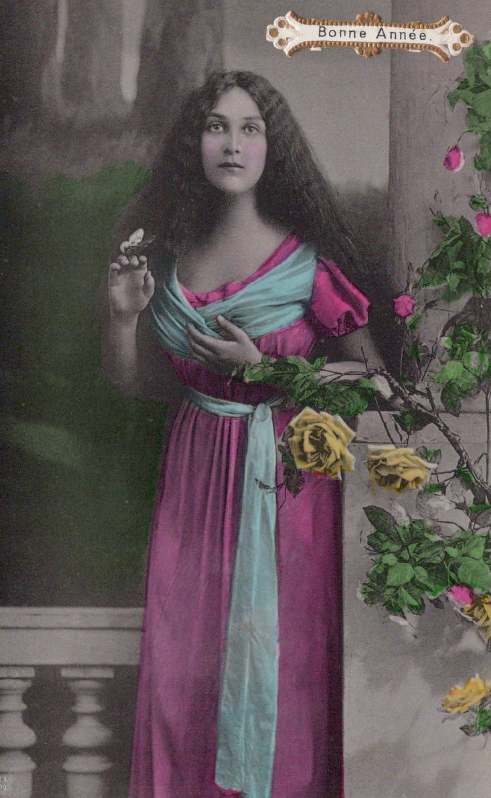 Woman in a vintage-style dress holding flowers and a butterfly, with decorative elements.